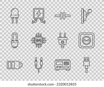 Set line Battery charge level indicator, Electric circuit scheme, Audio jack, Light emitting diode, Processor with microcircuits CPU, Electrical measuring instruments and outlet icon. Vector