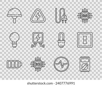 Set line Battery charge level indicator, Multimeter, Electric plug, Processor with microcircuits CPU, Light emitting diode, transformer, scheme and light switch icon. Vector