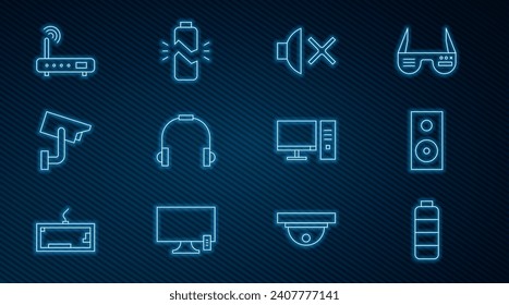 Set line Battery charge level indicator, Stereo speaker, Speaker mute, Headphones, Security camera, Router and wi-fi signal, Computer monitor and Broken battery icon. Vector