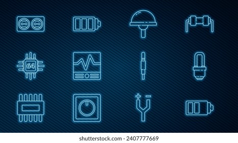 Set line Battery charge level indicator, LED light bulb, Light emitting diode, Electrical measuring instruments, Processor with microcircuits CPU, outlet, Audio jack and  icon. Vector