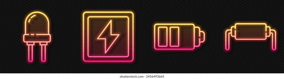 Set line Battery charge level indicator, Light emitting diode, Lightning bolt and Resistor electricity. Glowing neon icon. Vector