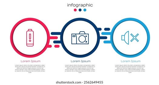 Set line Battery charge level indicator, Photo camera and Speaker mute. Business infographic template. Vector