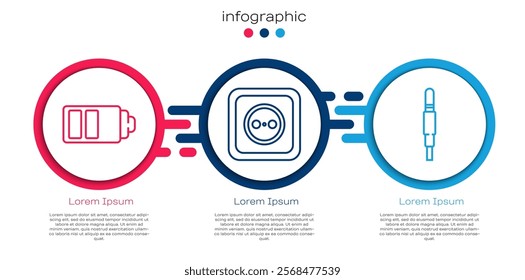 Set line Battery charge level indicator, Electrical outlet and Audio jack. Business infographic template. Vector