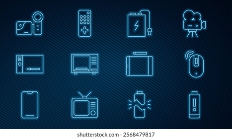 Set line Battery charge level indicator, Wireless computer mouse, Power bank with cable, Microwave oven, Graphic tablet, Cinema camera,  and Remote control icon. Vector