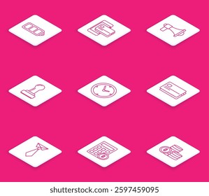 Set line Battery charge level indicator, Mobile phone and credit card, Megaphone, Stamp, Clock, Credit, Tie and Calculator with dollar symbol icon. Vector