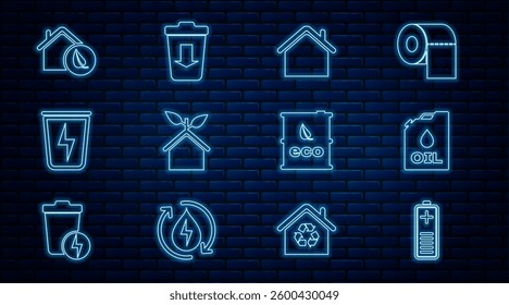 Set line Battery charge level indicator, Canister machine oil, House, Eco friendly house, Lightning with trash can, Bio fuel barrel and Send the icon. Vector