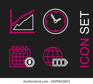 Set line Battery charge level indicator with earth globe, Financial calendar, Clock and Pie chart infographic icon. Vector