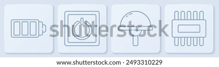 Set line Battery charge level indicator, Light emitting diode, Electric light switch and Processor with microcircuits CPU. White square button. Vector