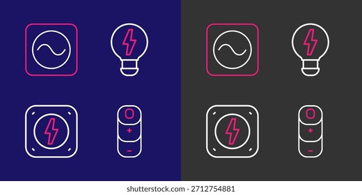 Set line Battery charge, Lightning bolt, Creative lamp light idea and AC voltage source icon. Vector