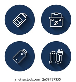 Set line Battery charge, Toolbox electrician,  and Electric plug with long shadow. Blue circle button. Vector