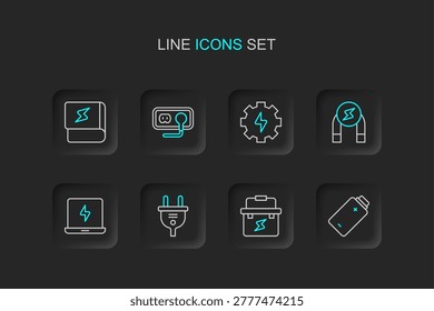 Set line Battery charge, Toolbox electrician, Electric plug, Laptop, Magnet, Gear and lightning, Electrical outlet and Book about electricity icon. Vector