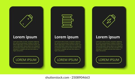 Set line Battery charge, Wire electric cable on reel and . Business infographic template. Vector