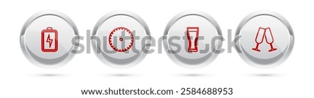 Set line Battery, Circular saw blade, Glass of beer and Glasses champagne. Silver circle button. Vector