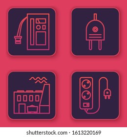 Set line Battery, Coal power plant and factory, Electric plug and Electric extension cord. Blue square button. Vector
