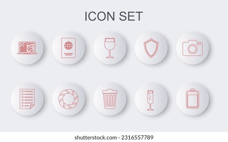 Set line Battery, Document, Wine glass, Glass of champagne, Medical clinical record, Passport, Camera shutter and Trash can icon. Vector