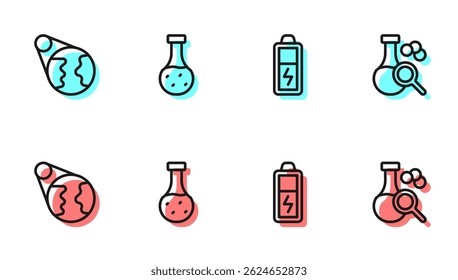Set line Battery, Earth globe, Test tube and  icon. Vector