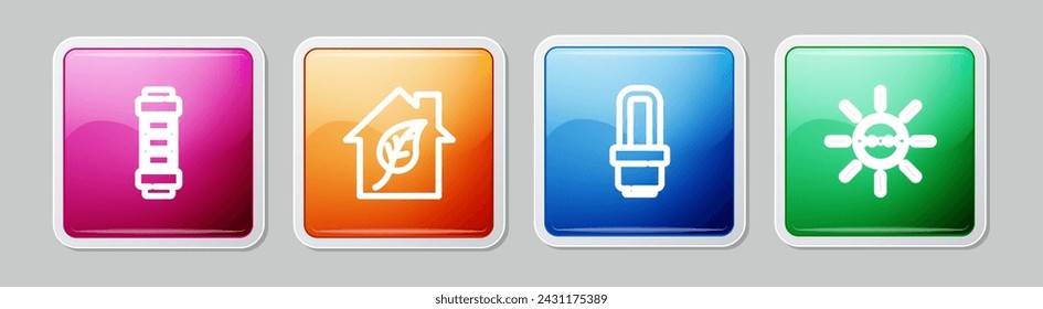 Set line Battery, Eco friendly house, LED light bulb and Solar energy panel. Colorful square button. Vector