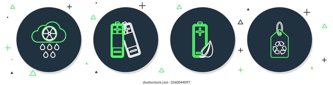 Set line Battery, Eco nature leaf and battery, Acid rain radioactive cloud and Tag with recycle icon. Vector