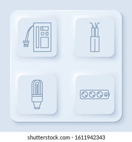 Set line Battery, Electric cable, LED light bulb and Electric extension cord. White square button. Vector