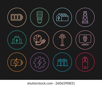Set line Battery, Electric plug, Solar energy panel, Global power planet, Hydroelectric dam, tower and LED light bulb icon. Vector