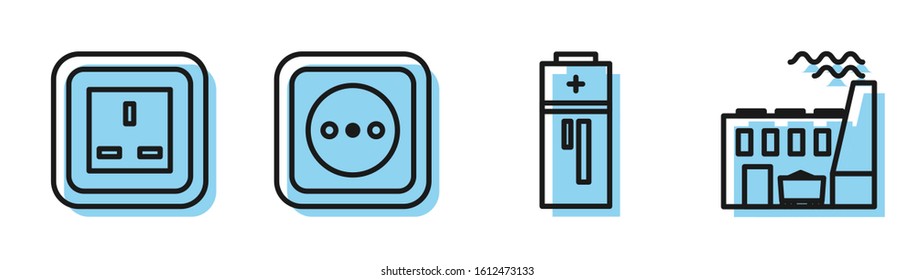 Set line Battery, Electrical outlet, Electrical outlet and Coal power plant and factory icon. Vector