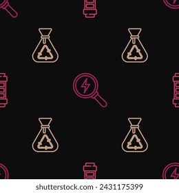 Set line Battery, Garbage bag with recycle and Lightning bolt on seamless pattern. Vector