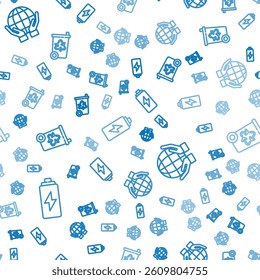 Set line Battery, Hands holding Earth globe and Recycle bin with recycle on seamless pattern. Vector
