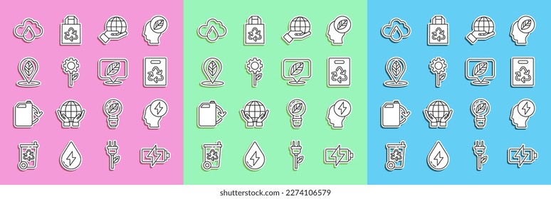Set line Battery, Head and electric symbol, Paper bag with recycle, Hand holding Earth globe, Leaf plant gear machine, Location leaf, Cloud rain and  icon. Vector