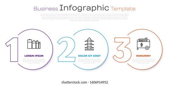 Set line Battery, High voltage power pole line and Portable power electric generator. Business infographic template. Vector