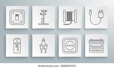 Set line Battery, High voltage power pole line, Electric plug, Electrical outlet, Car battery, Wire electric cable on reel or drum, Charger and light switch icon. Vector