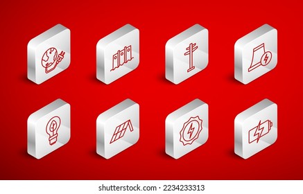 Fijar línea Batería, Represa Hidroeléctrica, Torre Eléctrica, Planta de energía nuclear, Tornillo relámpago, Planeta de energía global, Panel solar y bombilla con icono de hoja. Vector