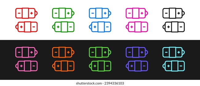Ajuste el icono de la línea Batería aislado en fondo blanco y negro. Símbolo de rayo.  Vector