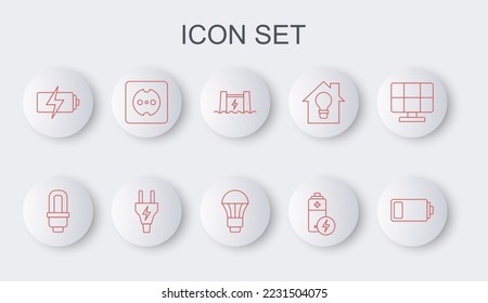 Set line Battery, LED light bulb, Hydroelectric dam, Electrical outlet, plug and  icon. Vector