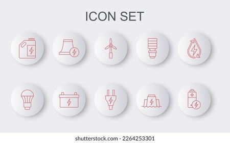 Set line Battery, LED light bulb, Wind turbine, Hydroelectric dam, Eco fuel canister, Nuclear power plant, Car battery and Electric plug icon. Vector