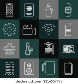 Set line Battery, Medical clinical record, Paper package for milk, Speaker, Movie Video camera, Cogwheel gear settings, Mobile Apps and Wi-Fi wireless network icon. Vector