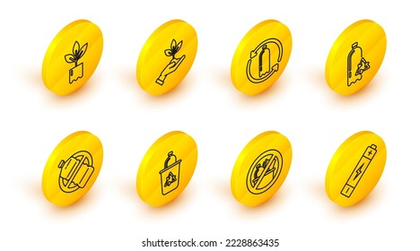 Set line Battery, No trash, Recycle bin with recycle symbol, plastic bottle, Recycling, Plant hand of environmental protection and  icon. Vector