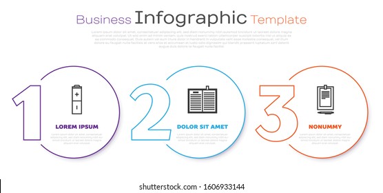 Set line Battery, Open science book and Clipboard with document. Business infographic template. Vector