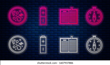 Set line Battery, Open science book, Bacteria and Compass. Glowing neon icon on brick wall. Vector