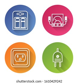 Set line Battery in pack, Ampere meter, multimeter, voltmeter, Electrical outlet in the USA and Electric plug. Color circle button. Vector