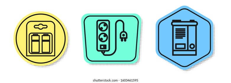 Set line Battery in pack, Electric extension cord and Car battery. Colored shapes. Vector
