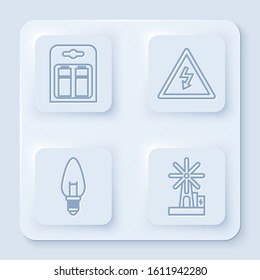 Set line Battery in pack, High voltage sign, Light bulb and Wind turbine. White square button. Vector