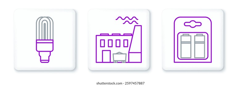 Set line Battery in pack, LED light bulb and Coal power plant and factory icon. Vector