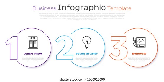Set line Battery in pack, Light bulb and Ampere meter, multimeter, voltmeter. Business infographic template. Vector