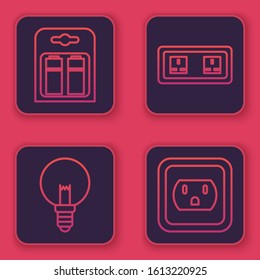 Set line Battery in pack, Light bulb, Electrical outlet and Electrical outlet in the USA. Blue square button. Vector