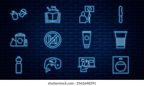 Set line Battery in pack, Paper glass, Nature saving protest, Say no to plastic bags poster, Recycle bin with recycle, Problem pollution of the ocean, Cream cosmetic tube and Open book icon. Vector