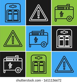 Set line Battery in pack, Portable power electric generator and Exclamation mark in triangle icon. Vector