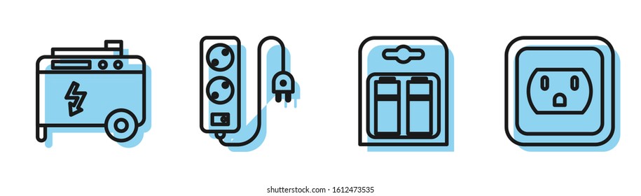 Set line Battery in pack, Portable power electric generator, Electric extension cord and Electrical outlet in the USA icon. Vector