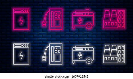 Set line Battery, Portable power electric generator, Power bank and Power station plant and factory. Glowing neon icon on brick wall. Vector