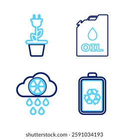 Set line Battery with recycle, Acid rain and radioactive cloud, Canister machine oil and Electric saving plug pot icon. Vector