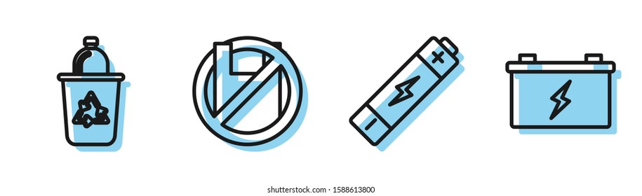 Set line Battery, Recycle bin with recycle symbol, Say no to plastic bags poster and Car battery icon. Vector